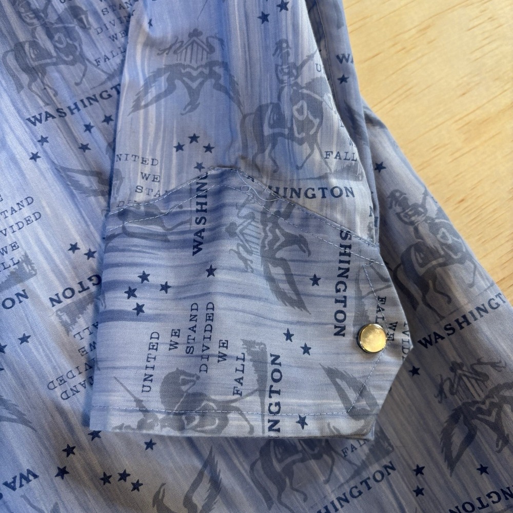 Hands Off Mens Vintage Sears Long Sleeve Pearl Snap Shirt L Blue All Over Print - Picture 8 of 10
